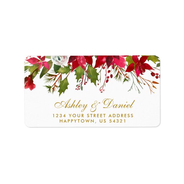 Hochzeitsfeier Wasserfarben Blumenpoinsettia Gold Adressaufkleber (Vorne)