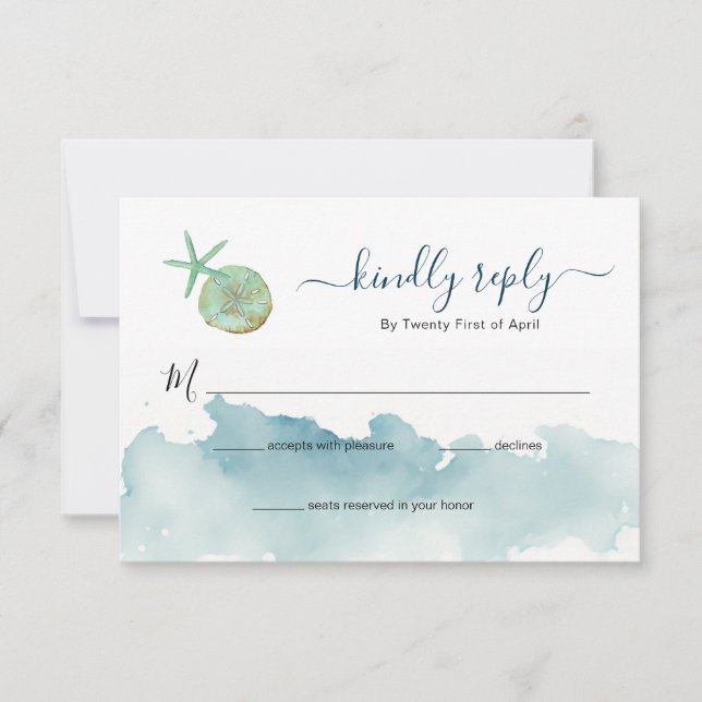 Hochzeitsfeier "Watercolor Ocean Beach" UAWG RSVP Karte (Vorderseite)