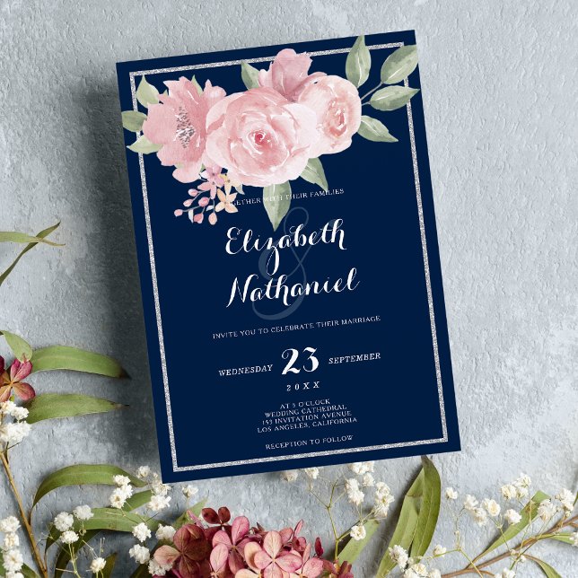 Hochzeitsfeier zum Thema Blütenblume Einladung (Navy blue silver pink green floral theme wedding)