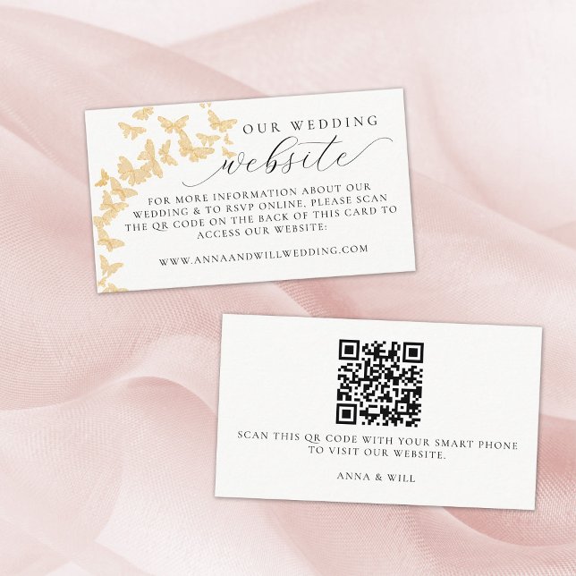 Hochzeitsfeiern auf der Website QR Code Goldbrille Begleitkarte (our wedding website gold butterflies enclosure card romantic elegant boho modern simple classy)