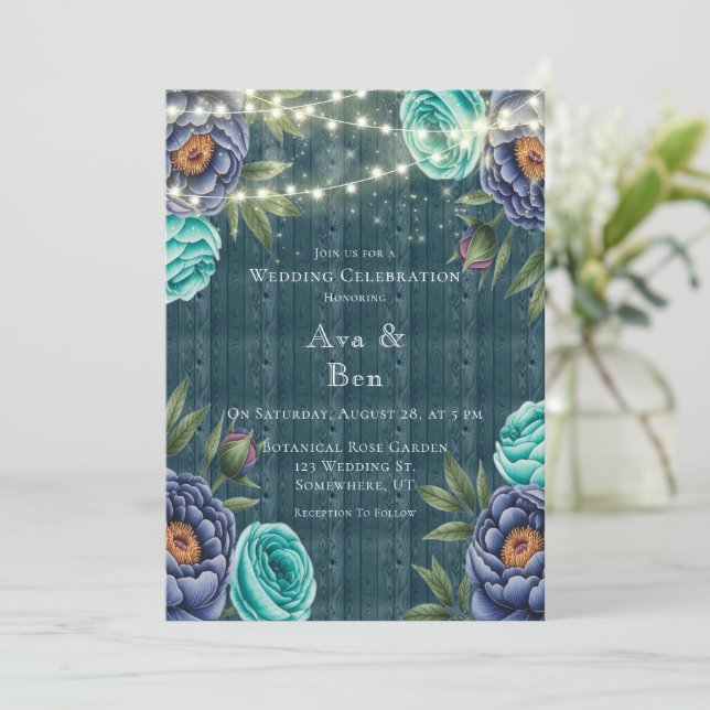 Hochzeitsfeiern auf Hochzeiten von Navy-Peonies &  Einladung (Stehend Vorderseite)