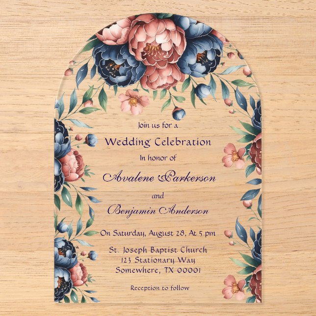 Hochzeitsfeiern für Navy & Copper Peony Wood Acryleinladungen (Vorderseite)