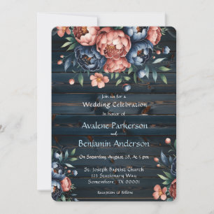 Hochzeitsfeiern für Navy & Copper Peony Wood Einladung