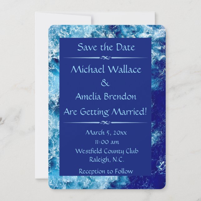Hochzeitsfeiern im blauen Ozean speichern Sie die  Save The Date (Vorderseite)