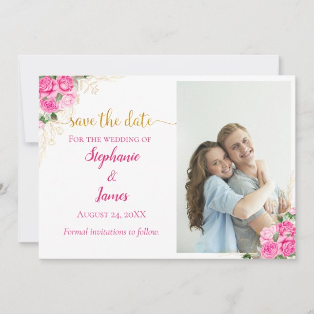 Hochzeitsfeiern im Foto "Floral Pink Roses" Save The Date (Vorderseite)