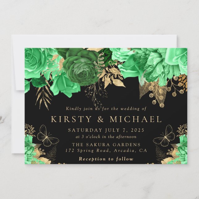 Hochzeitsfeiern in Aquarellgrün und Gold Einladung (Vorderseite)