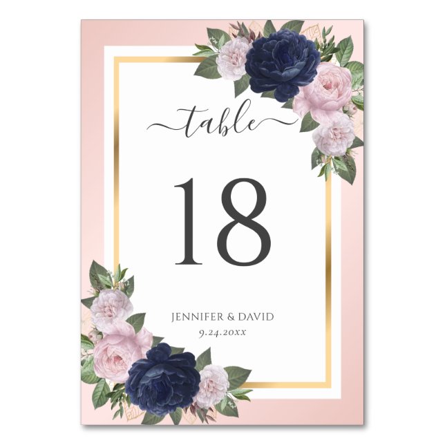 Hochzeitsfeiern in Navy Blue und Blush Floral Tisc Tischnummer (Vorderseite)