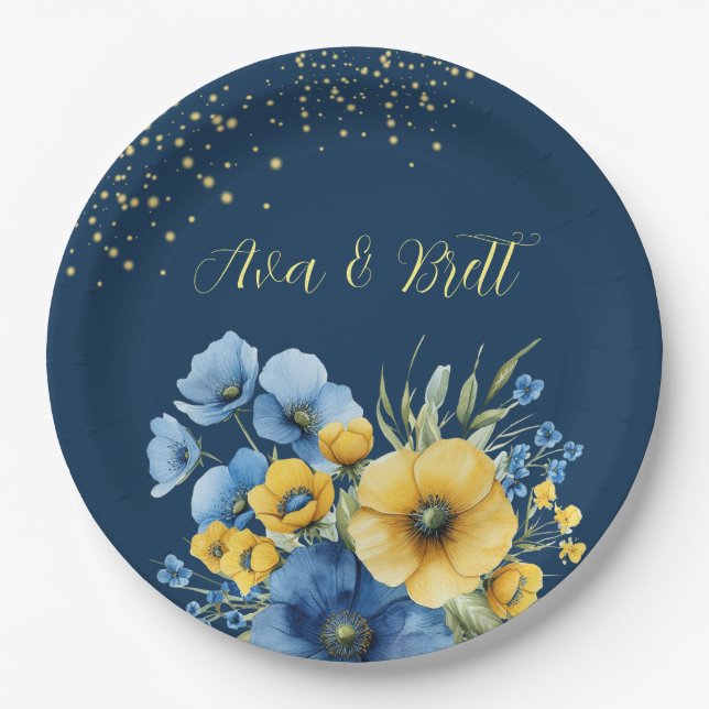 Hochzeitsfeiern in Navy Blue und Yellow Florals Go Pappteller (Vorderseite)