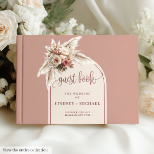 Hochzeitsfeiern in rosa Pampas Arch Rose Gästebuch