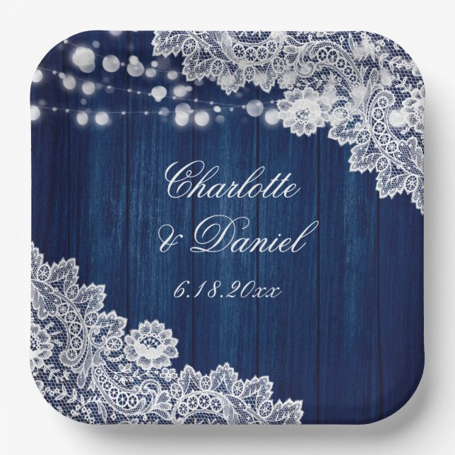 Hochzeitsfeiern mit blauem, rustikalem Holz Pappteller (Vorderseite)