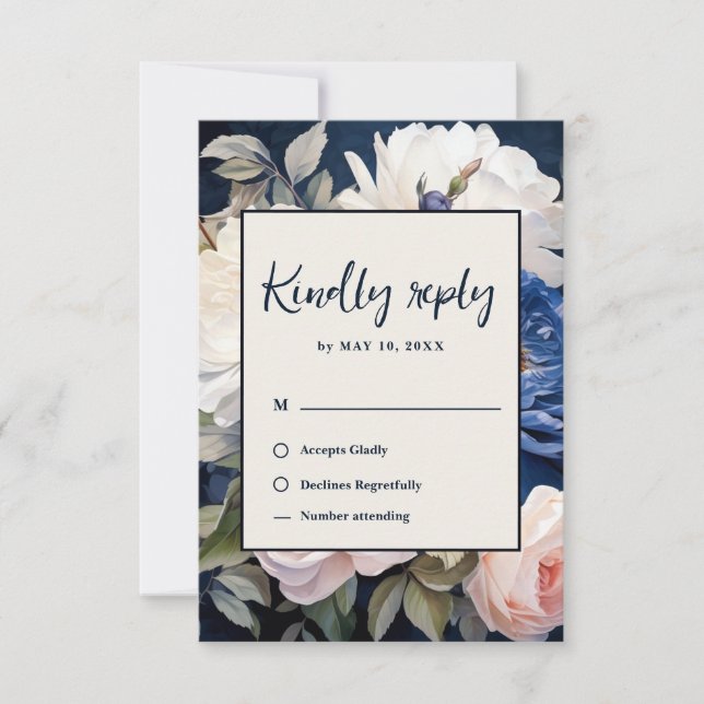 Hochzeitsfeiern mit blauem und düsterblütigem Rosa RSVP Karte (Vorderseite)