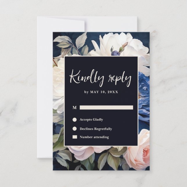 Hochzeitsfeiern mit blauem und düsterblütigem Rosa RSVP Karte (Vorderseite)