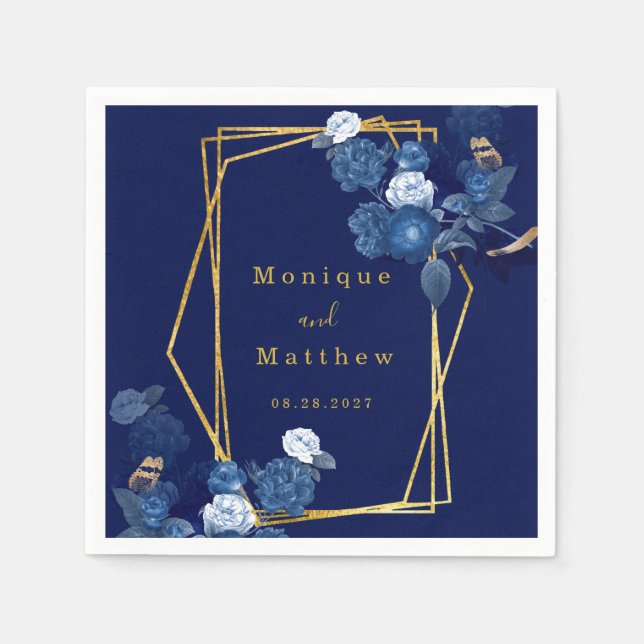 Hochzeitsfeiern mit blauem und goldenem Geometrism Serviette (Vorderseite)
