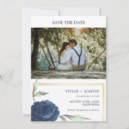 Hochzeitsfeiern mit blauen und goldfarbenen Rahmen Save The Date