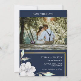 Hochzeitsfeiern mit blauen und goldfarbenen Rahmen Save The Date