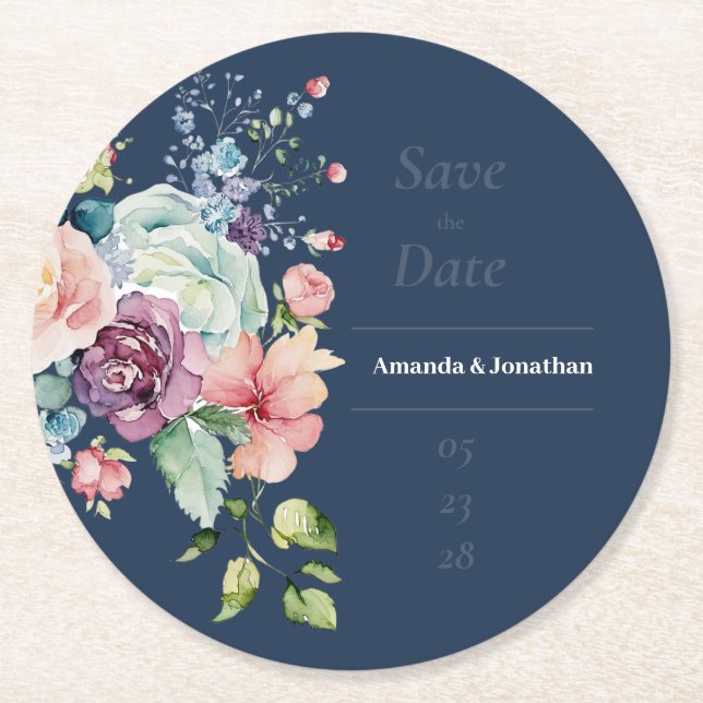 Hochzeitsfeiern mit blauer Wasserfarbe für Navy Sa Runder Pappuntersetzer (Vorderseite)