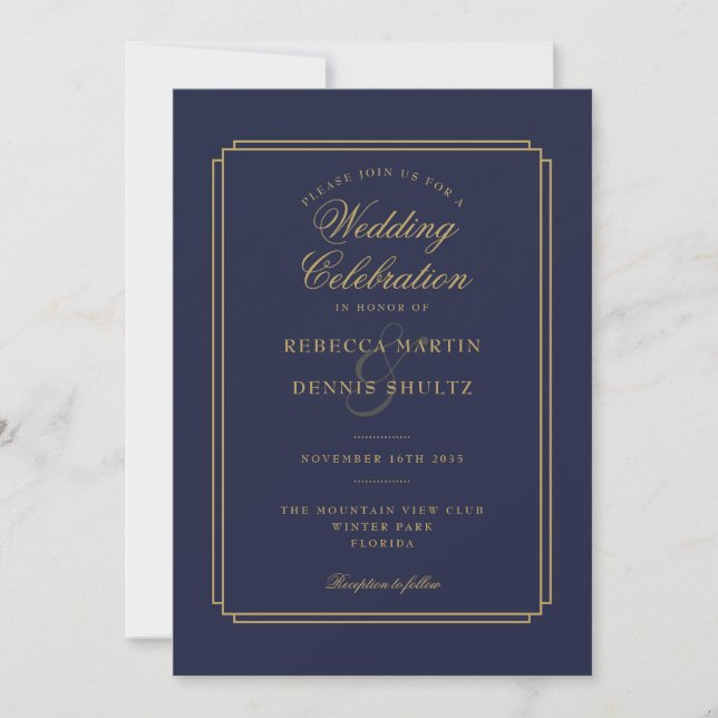 Hochzeitsfeiern mit Blue und Gold Script Einladung (Vorderseite)