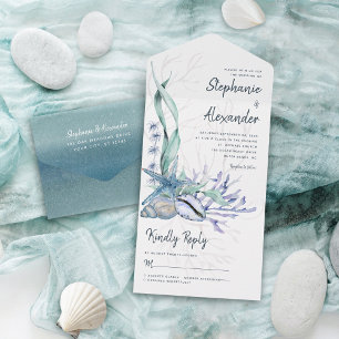 Hochzeitsfeiern mit dem Blue Watercolor Ocean Beac All In One Einladung