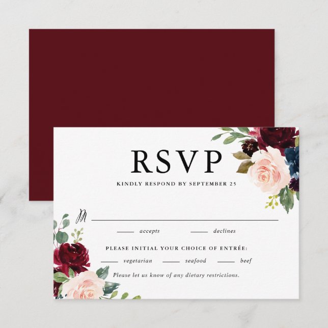 Hochzeitsfeiern mit dem Burgund und Blumen RSVP Karte (Vorne/Hinten)