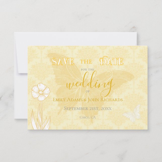 Hochzeitsfeiern mit gelben Blumen und Schmetterlin Save The Date (Vorderseite)