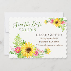 Hochzeitsfeiern mit gelber Sonnenblume im Wasserfa Save The Date