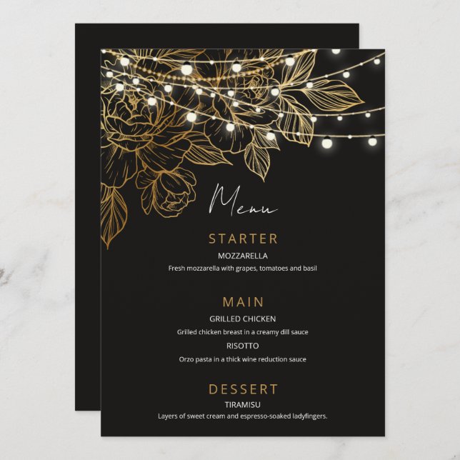 Hochzeitsfeiern mit Gold Blume Menükarte (Vorne/Hinten)
