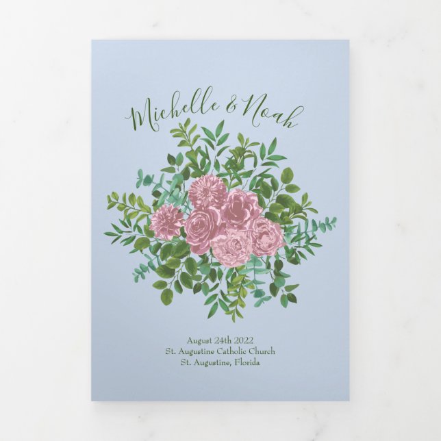 Hochzeitsfeiern mit hellblauen und blassrosa Rose Dreifach-gefaltete Programmkarte (Cover)