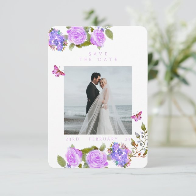 Hochzeitsfeiern mit lila Rose-Multigram-Foto Save The Date (Stehend Vorderseite)