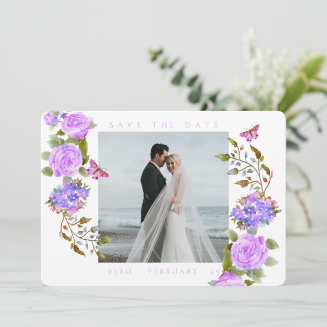 Hochzeitsfeiern mit lila Rose-Multigram-Foto Save The Date (Stehend Vorderseite)
