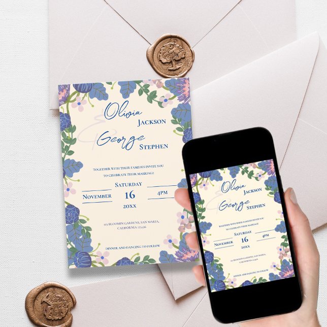 Hochzeitsfeiern mit Lila und blühendem Wasser Einladung (Elegant Blue & Purple Floral Watercolor Wedding Invitation)