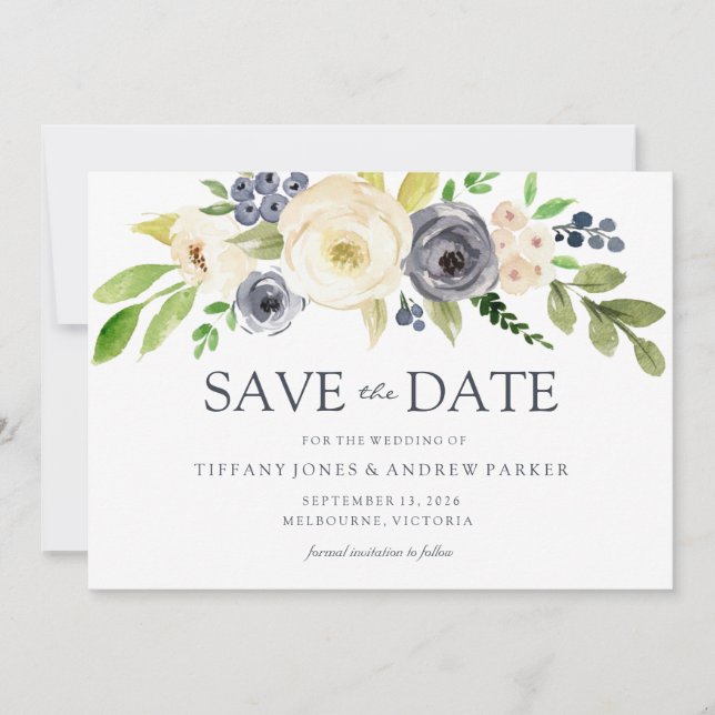 Hochzeitsfeiern mit Navy & Champagne Watercolor-Bl Save The Date (Vorderseite)