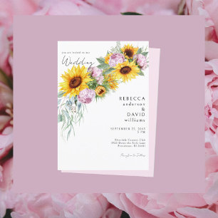 Hochzeitsfeiern mit Sonnenblumen und Rosa Wasserfa Einladung