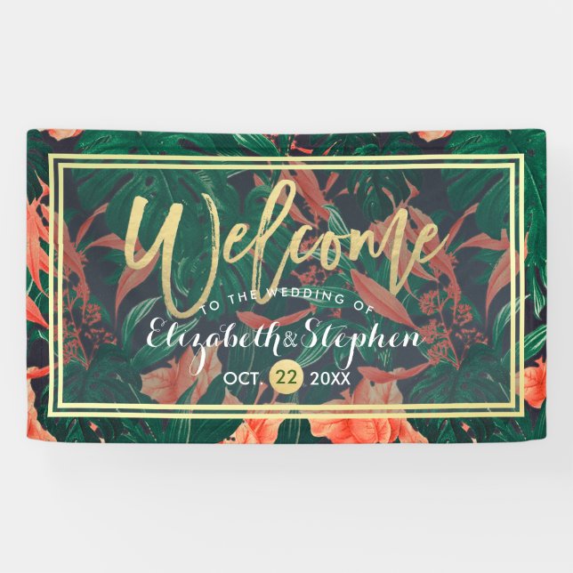 Hochzeitsfeiern mit tropischen Blumen- und Goldfol Banner (Horizontal)