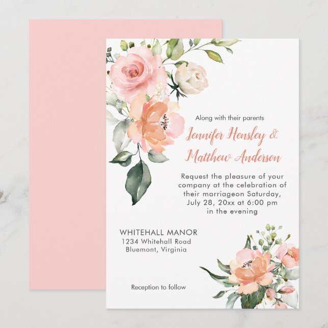 Hochzeitsfeiern mit weißer Rose und Pfirsichpfirsi Einladung (Vorne/Hinten)