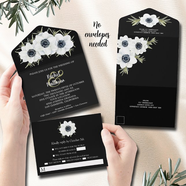 Hochzeitsfeiern mit weißer und schwarzer Flora All In One Einladung (Von Creator hochgeladen)