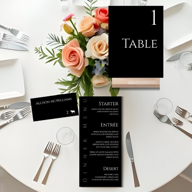 Hochzeitsfeiern Platzkarten-Vegetarisch-Schwarz un Tischnummer (Minimalist Modern Black and White Wedding-Place cards-Table sign, Dinner Menu)