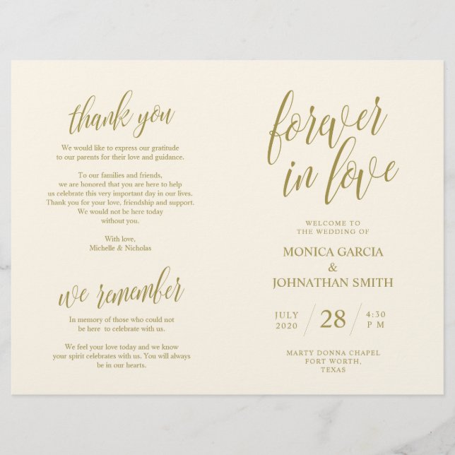 Hochzeitsfeierprogramm, Elegance Script Gold (Vorderseite)