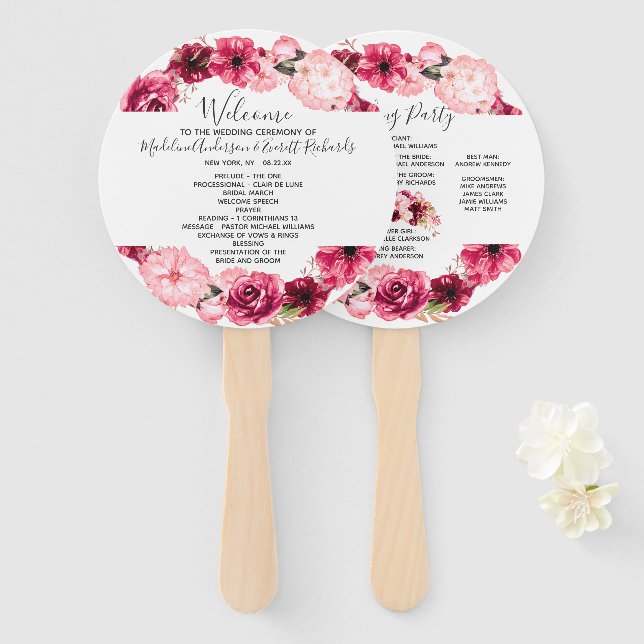 Hochzeitsfeierprogramm für Burgund-Floral-Wreath Fächer (Vorne und Hinten)