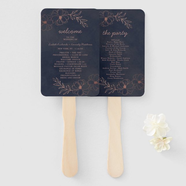Hochzeitsfeierprogramm für Navy Blue & Rose Gold Fächer (Vorne und Hinten)