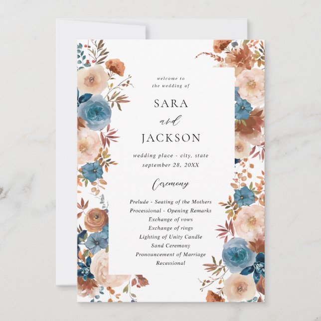 Hochzeitsfeiertag in Beige & Dusty Blue Floral Einladung (Vorderseite)
