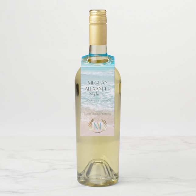 Hochzeitsflasche | Modern Monogram Beach Flaschenanhänger (Auf Flasche)