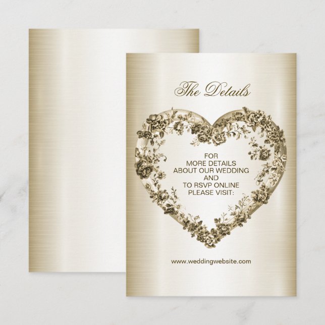 Hochzeitsflora Golden Verziert Heart Frame Elegant Begleitkarte (Vorne/Hinten)