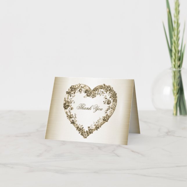 Hochzeitsflora Golden Verziert Heart Frame Elegant Dankeskarte (Vorderseite)