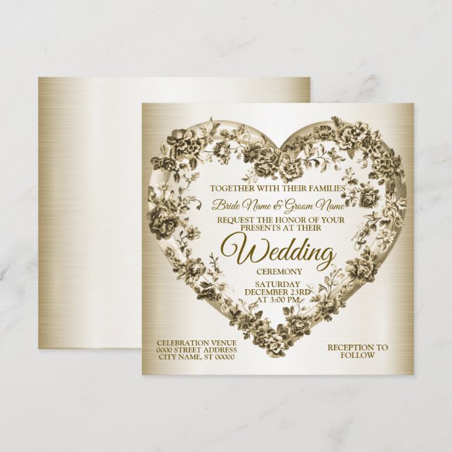 Hochzeitsflora Golden Verziert Heart Frame Elegant Einladung (Vorne/Hinten)