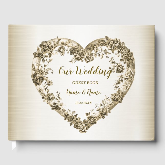 Hochzeitsflora Golden Verziert Heart Frame Elegant Gästebuch (Vorderseite)