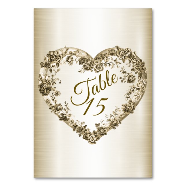Hochzeitsflora Golden Verziert Heart Frame Elegant Tischnummer (Vorderseite)