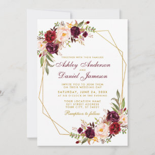 Hochzeitsfloral Burgundy Geometric Gold Frame Einladung