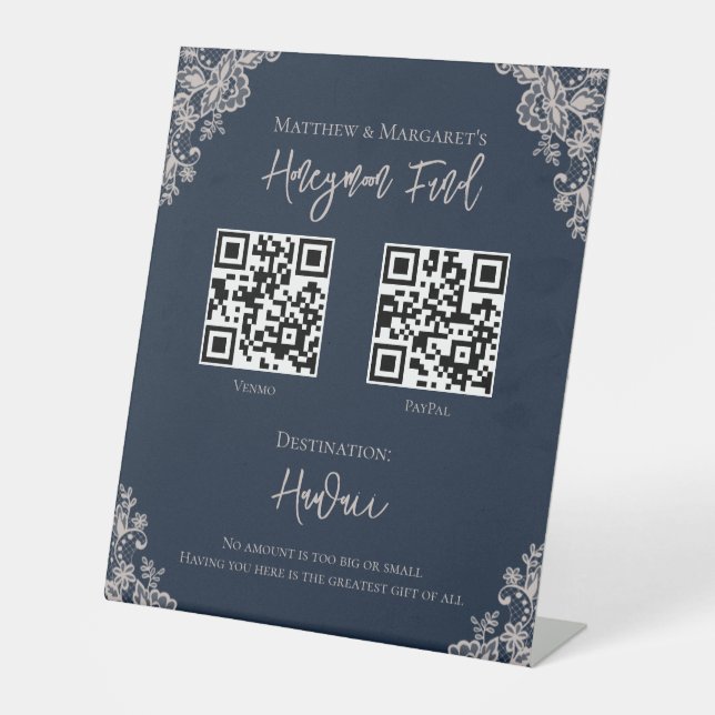 Hochzeitsfonds für Navy Blue & Lace Honeymoon Sockelschild (Vorderseite)