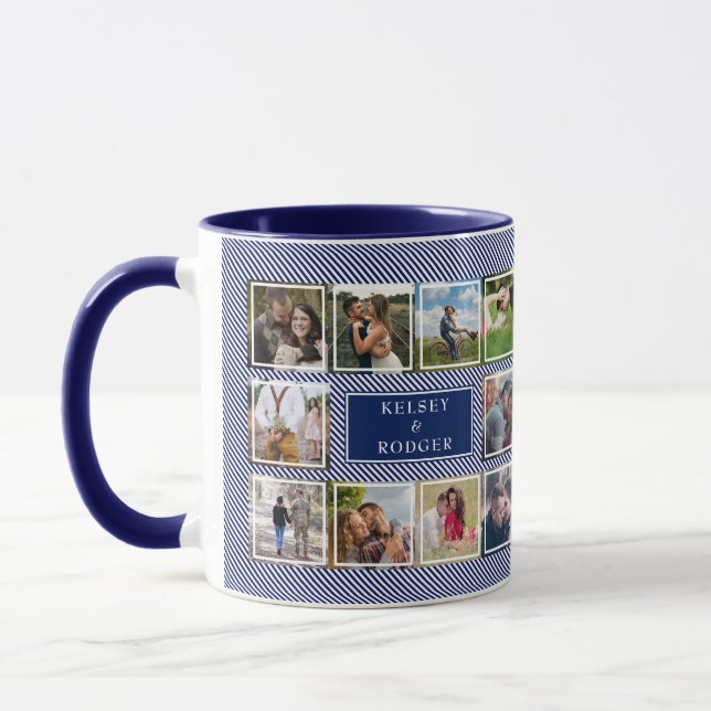 Hochzeitsfoto Collage Blau und weiß gestreifter Ko Tasse (Links)