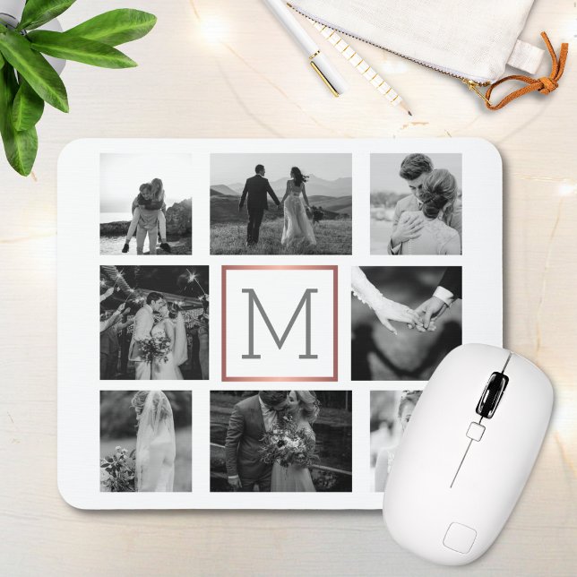 Hochzeitsfoto Collage Monogram Black & White Mousepad (Von Creator hochgeladen)